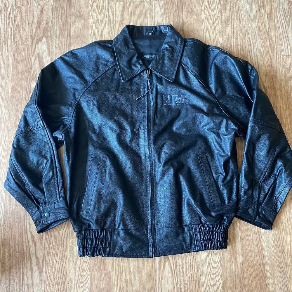 Burk's Bay NRA Full Zip Leather Bomber Jacket Black Medium